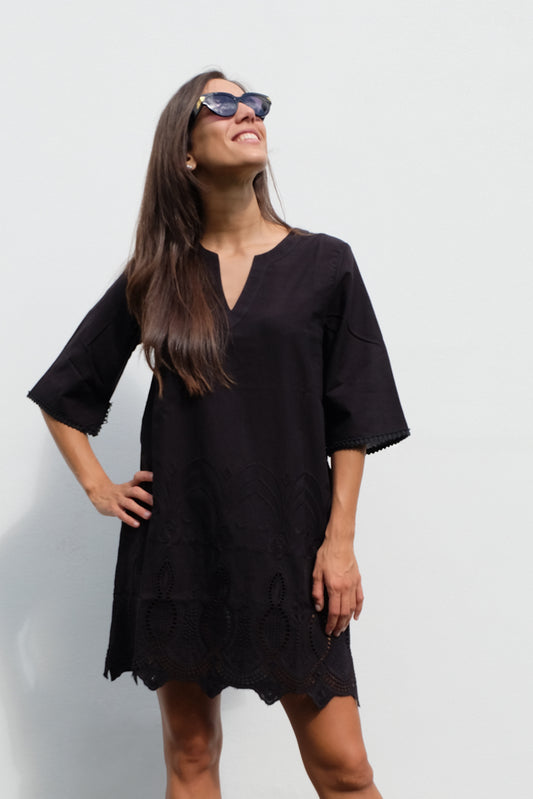 Black Sangallo Caftan Dress