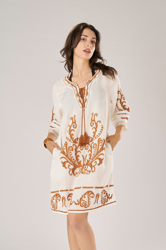 Linen and Viscose Kaftan Arabesque Embroidery White