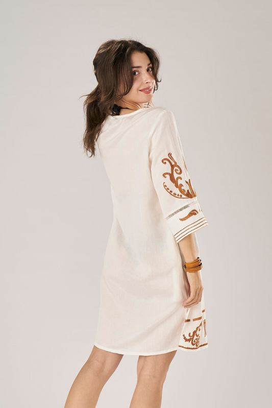 Linen and Viscose Kaftan Arabesque Embroidery White