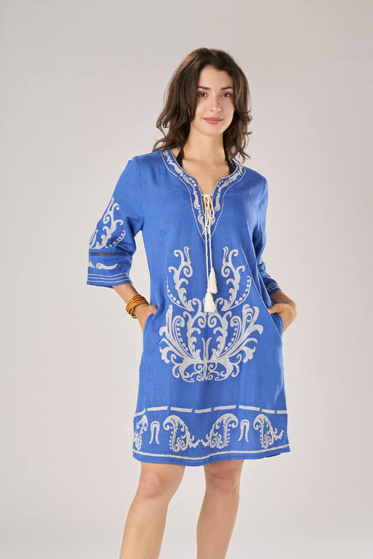 Linen and Viscose Kaftan Arabesque Embroidery Bluette