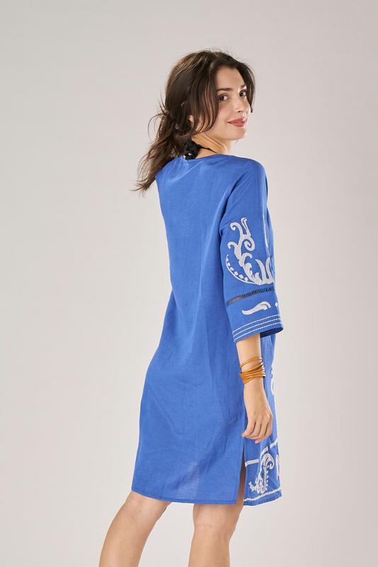 Linen and Viscose Kaftan Arabesque Embroidery Bluette