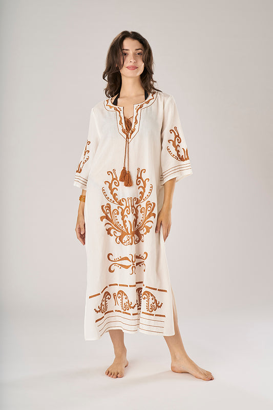 Long Linen and Viscose Kaftan with Arabesque Embroidery White