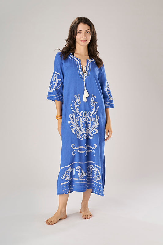 Long Linen and Viscose Kaftan Arabesque Embroidery Bluette