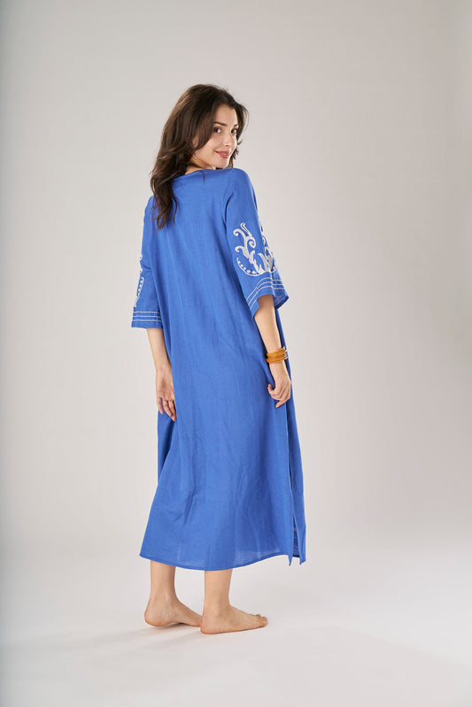 Long Linen and Viscose Kaftan Arabesque Embroidery Bluette