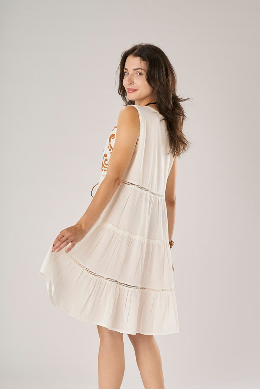 Mini Dress in Linen and Viscose with White Arabesque Embroidery