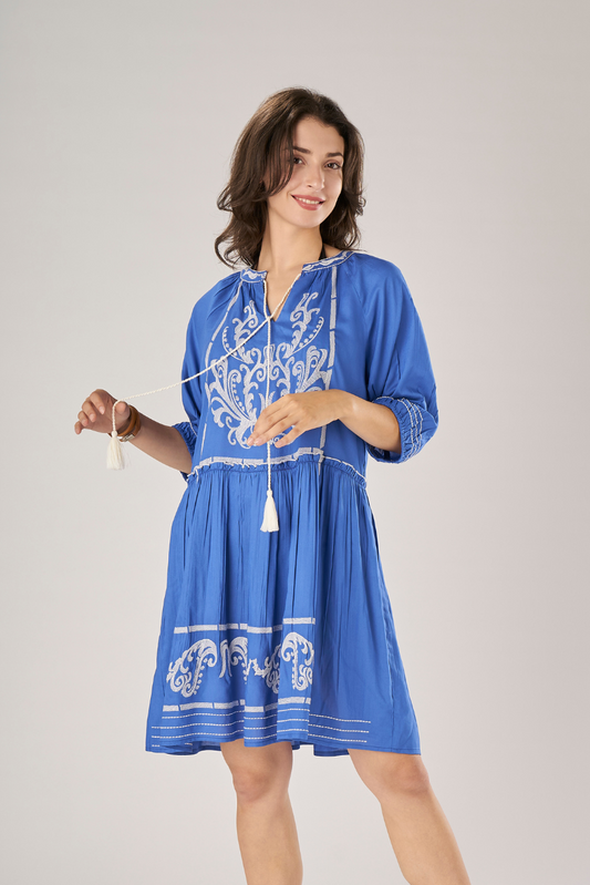 Mini Dress in Linen and Viscose Arabesque Embroidery Bluette