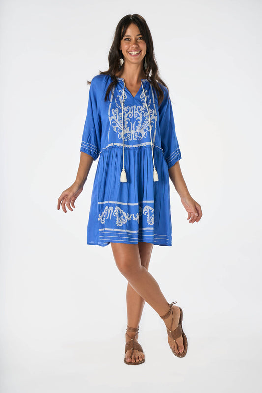 Mini Dress in Linen and Viscose Arabesque Embroidery Bluette