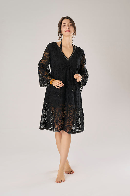 Black Cotton Lace Mini Dress