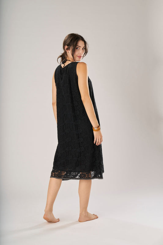 Black Cotton Lace Sleeveless Dress