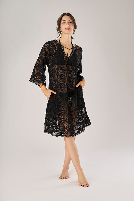 Black Cotton Lace Caftan