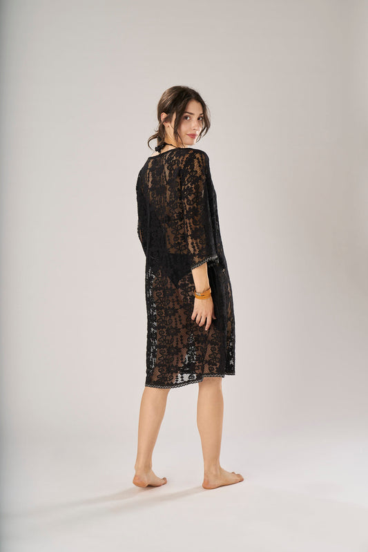 Black Cotton Lace Caftan