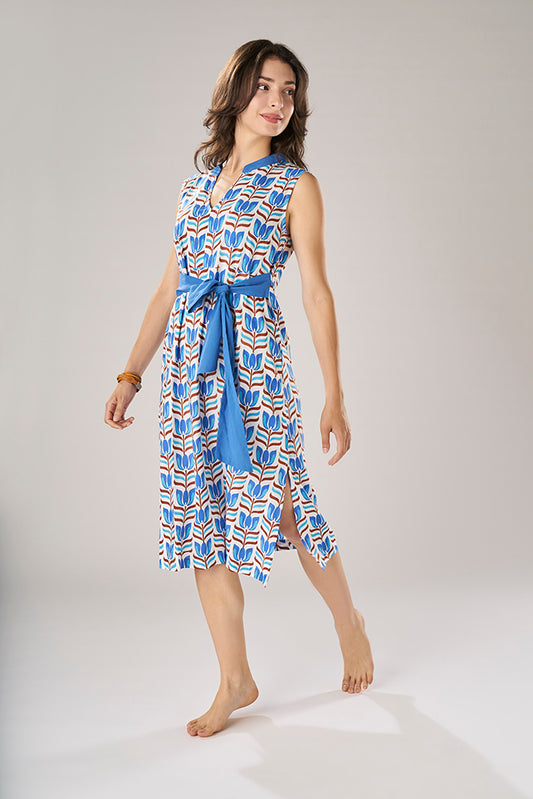 Sleeveless Midi Dress with Belt Tulips Bluette