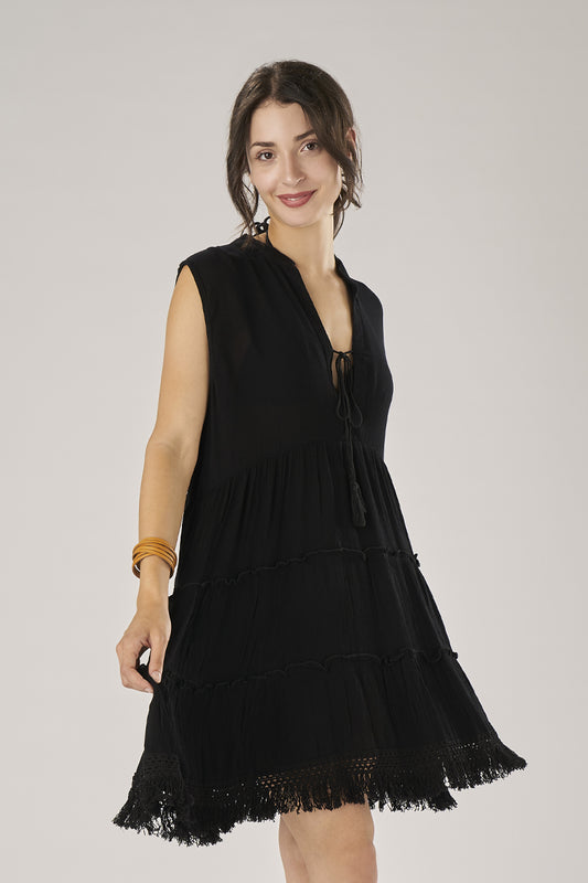 Black Viscose Wide Mini Dress