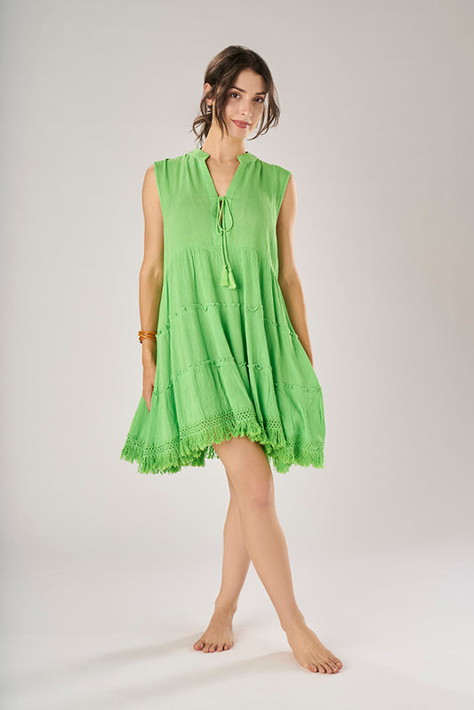 Green Viscose Wide Mini Dress