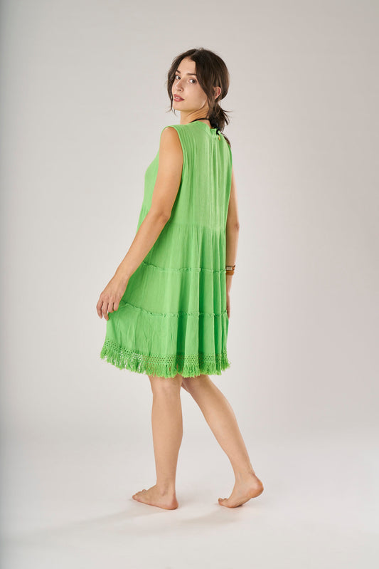 Green Viscose Wide Mini Dress