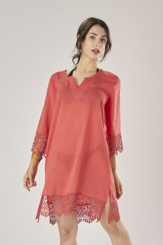 Coral Red Solid Color Caftan